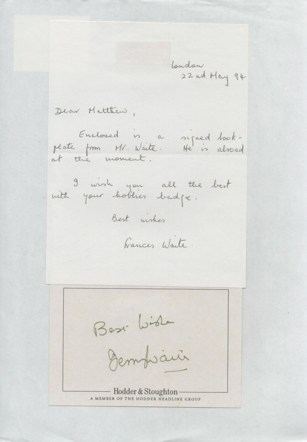 Lot 445: Terry Waite signed 5 x 4 card. Card...