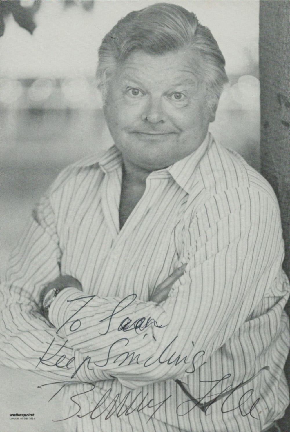 Lot 221: Benny Hill signed 6x4 inch black and white...