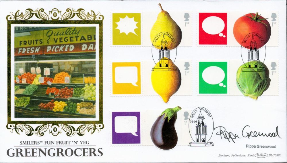 Lot 374: Pippa Greenwood signed Greengrocers FDC Wells Somerset 7th...