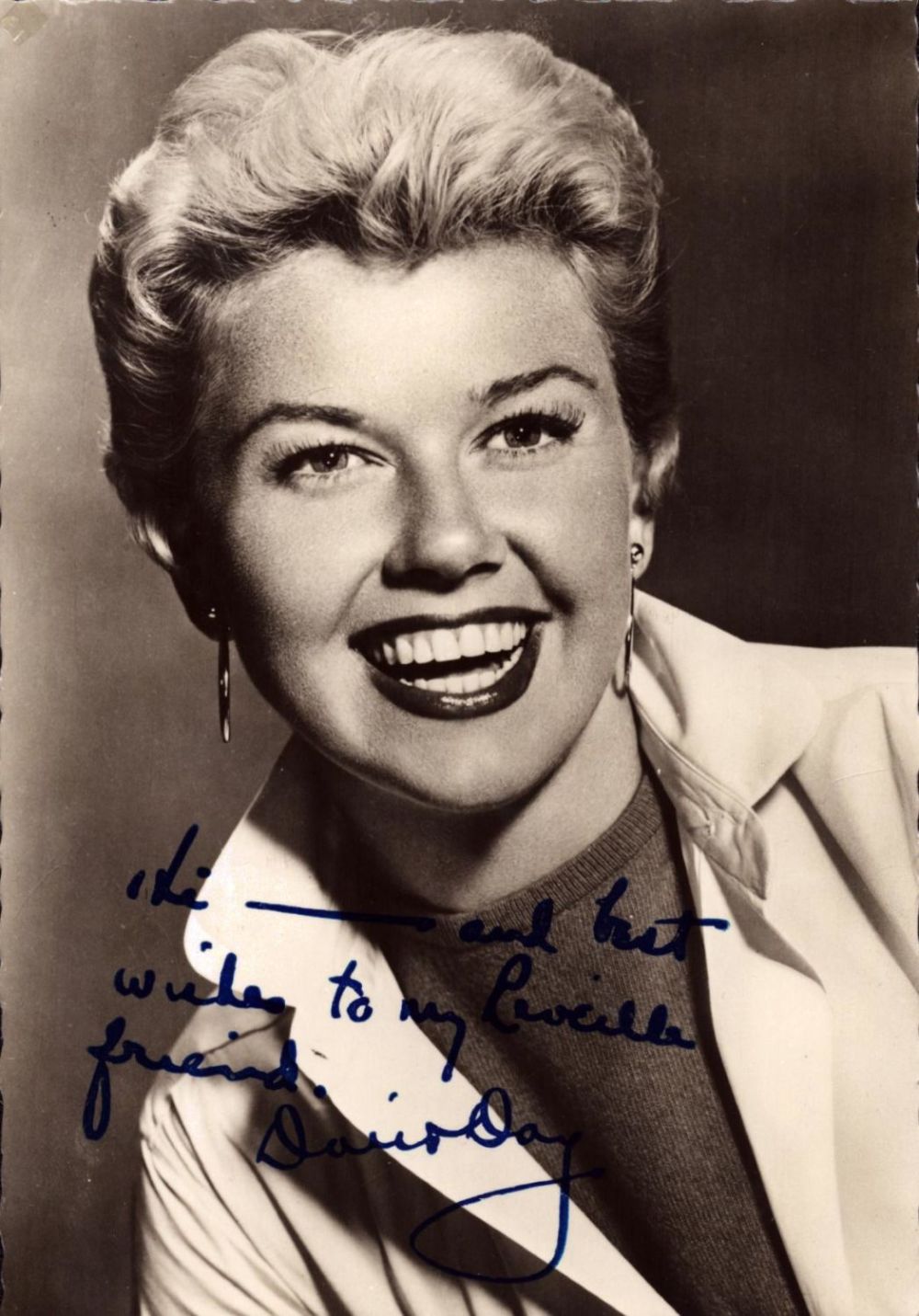 Lot 324: Doris Day signed 6x4 inch vintage black and...