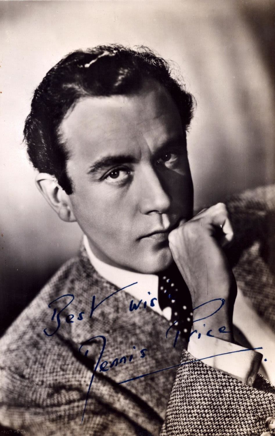 Lot 327: Dennis Price signed 5.5x3.5 inch approx vintage black...