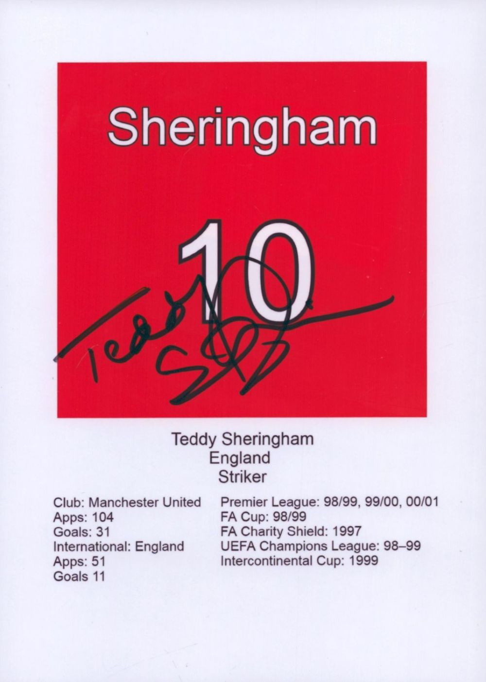 Lot 349: Teddy Sheringham signed 7x5 inch colour bio card....