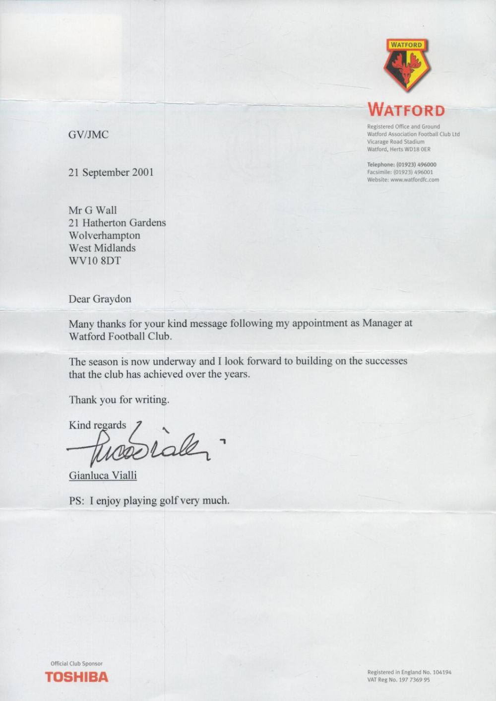 Lot 470: Gianluca Vialli TLS on Watford headed paper dated...