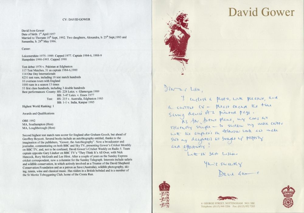 Lot 625: David Gower signed ATL Headed Daivd Gower A4...
