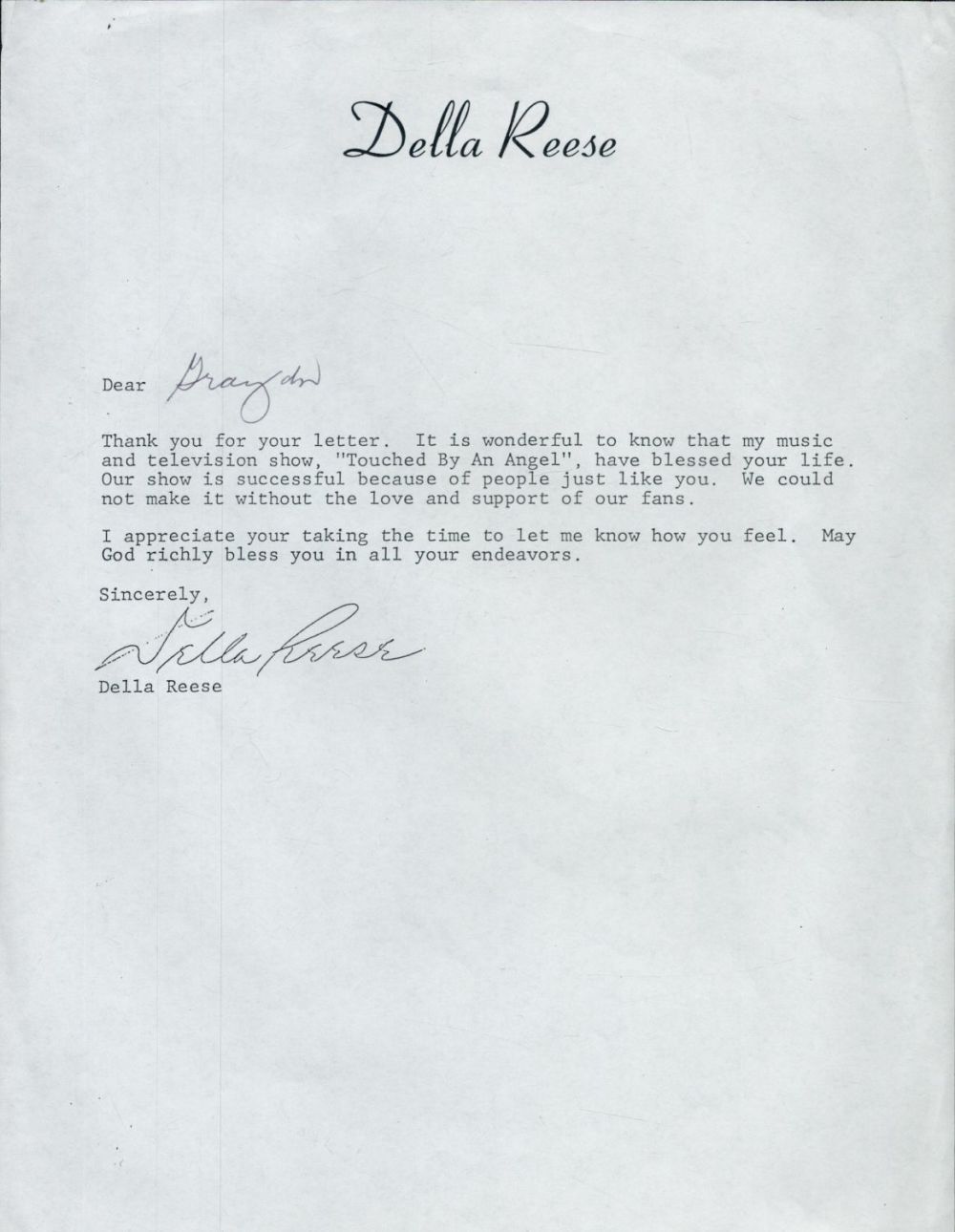 Lot 627: Della Reese signed TLS Thank you letter. Known...