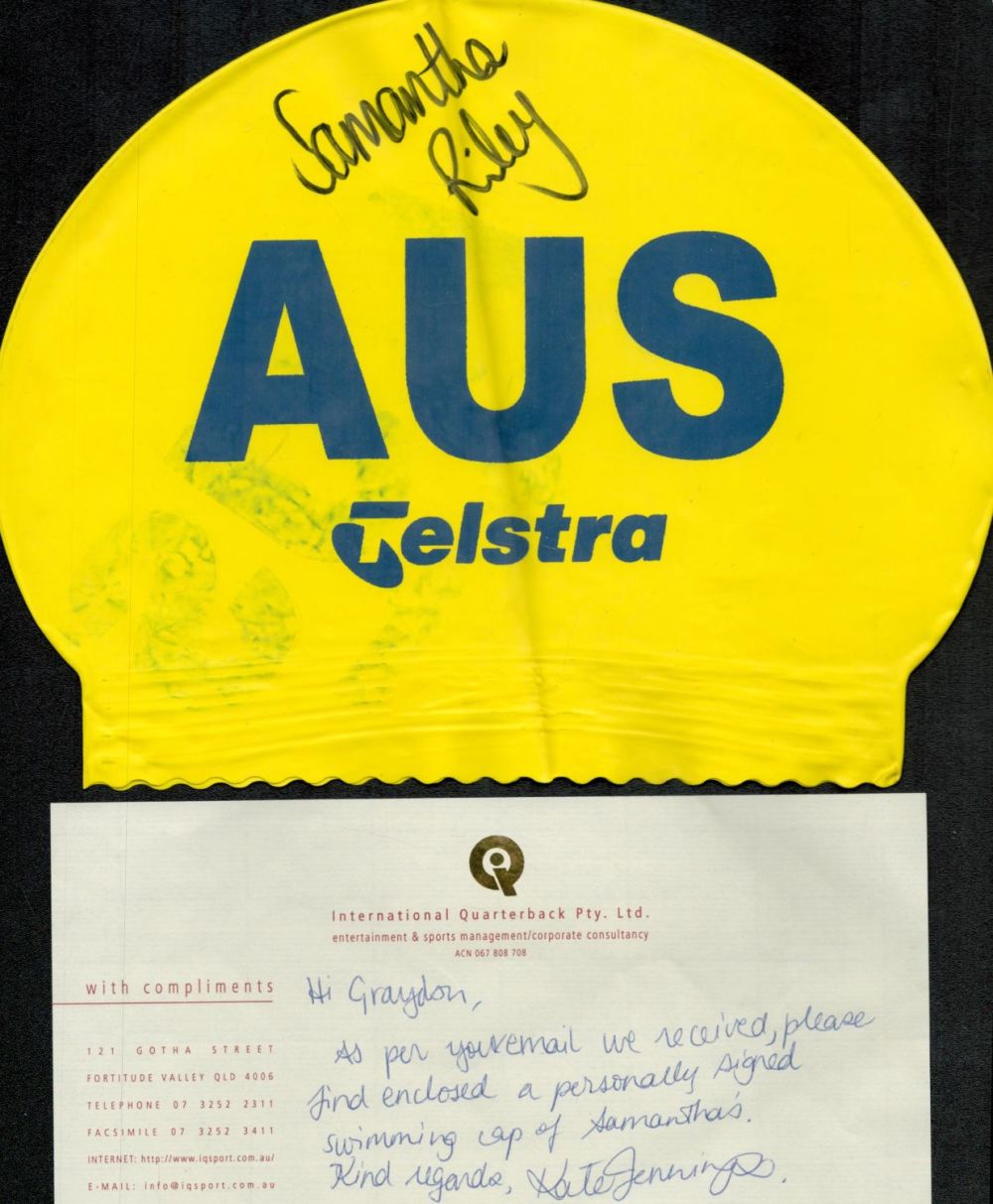 Lot 644: Samantha Riley signed Yellow Silicone Swimming Cap. Is an...
