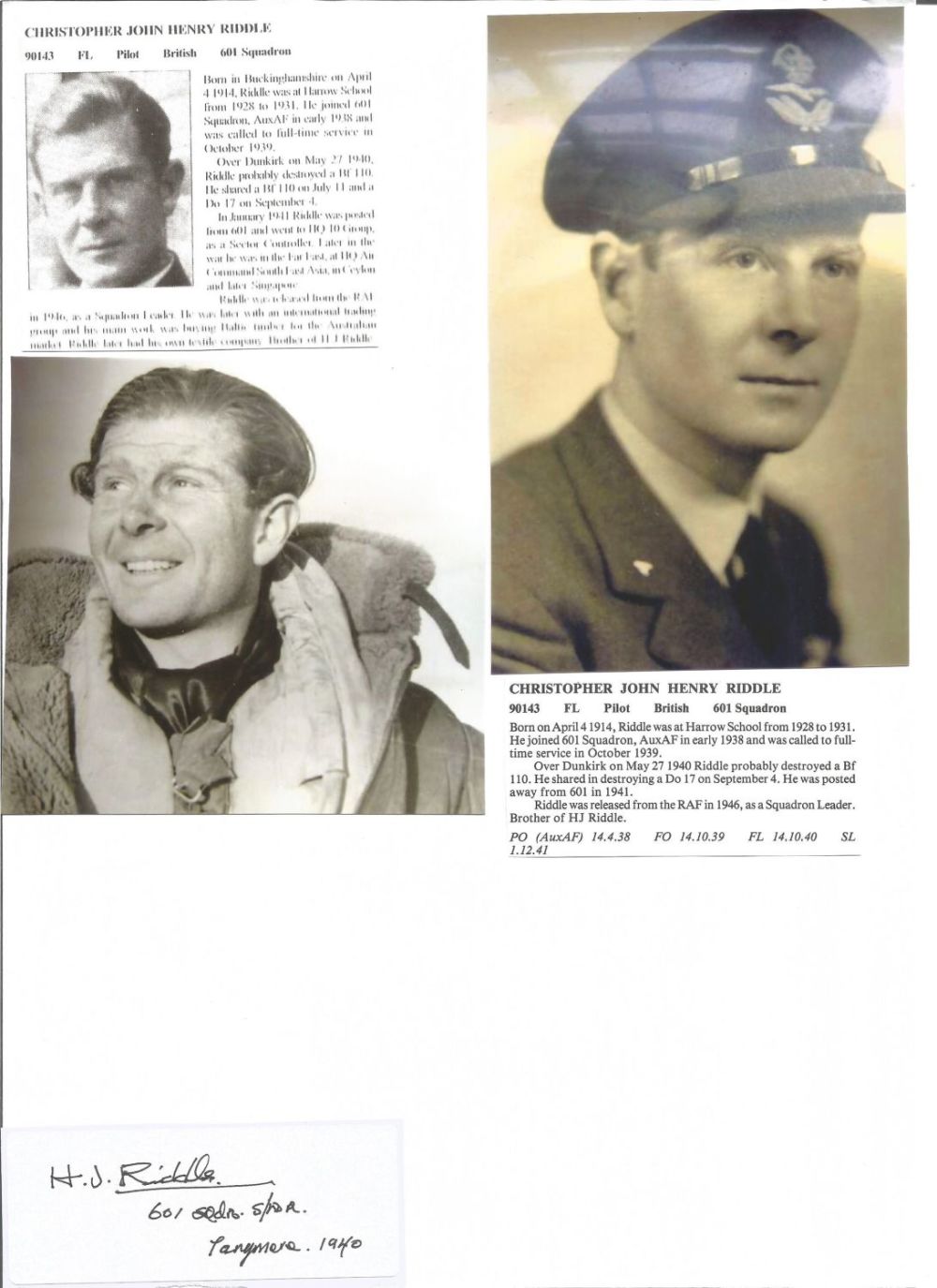 Lot 660: WW2 BOB fighter pilot Christopher Riddle 601 sqn...