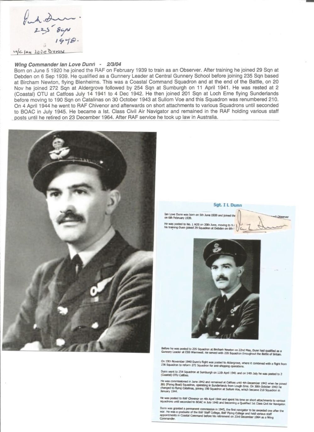 Lot 670: WW2 BOB fighter pilot Ian Dunn 235 sqn...
