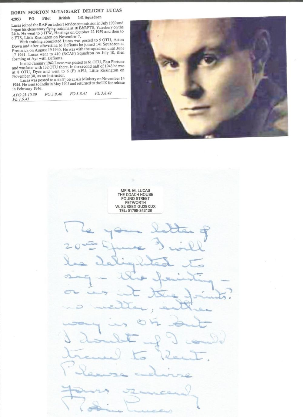 Lot 671: WW2 BOB fighter pilot Robin Lucas 141 sqn...