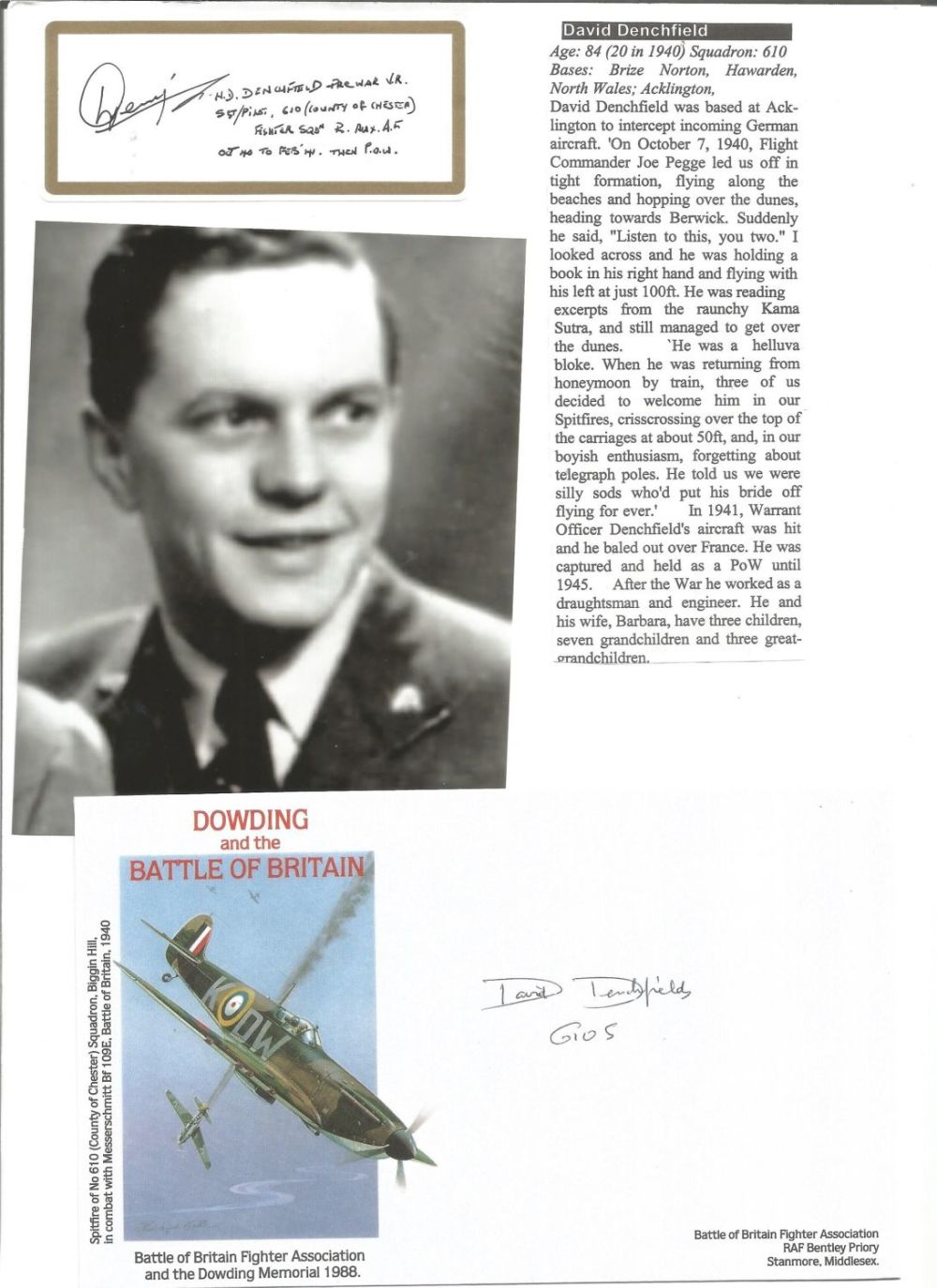 Lot 672: WW2 BOB fighter pilot David Denchfield 610 sqn...