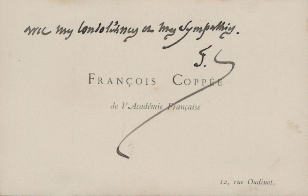 Lot 202: Francois Coppee signed 4x3 inch approx compliment card....