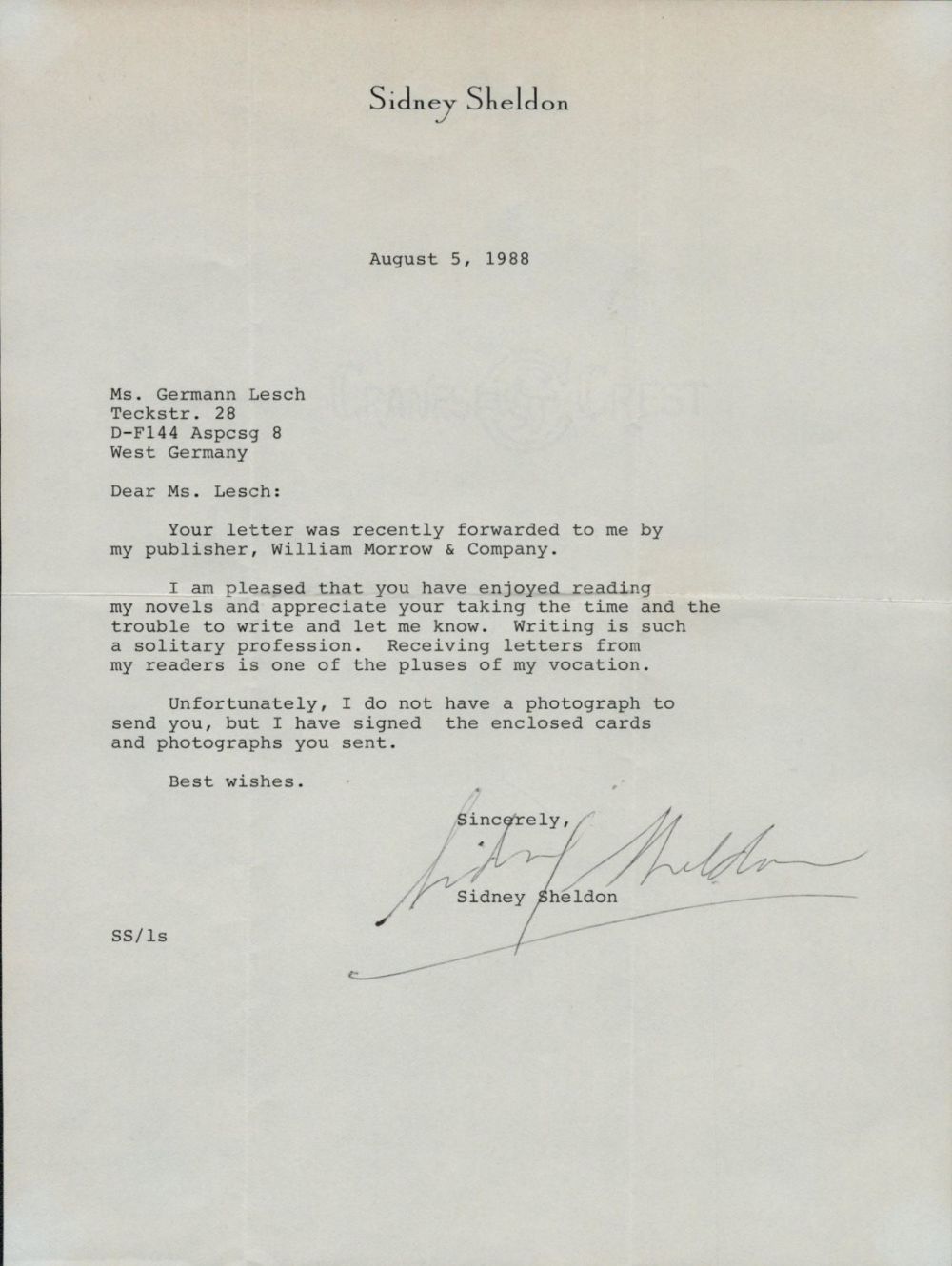 Lot 204: Sidney Shelden TLS dated August 5, 1988, on...