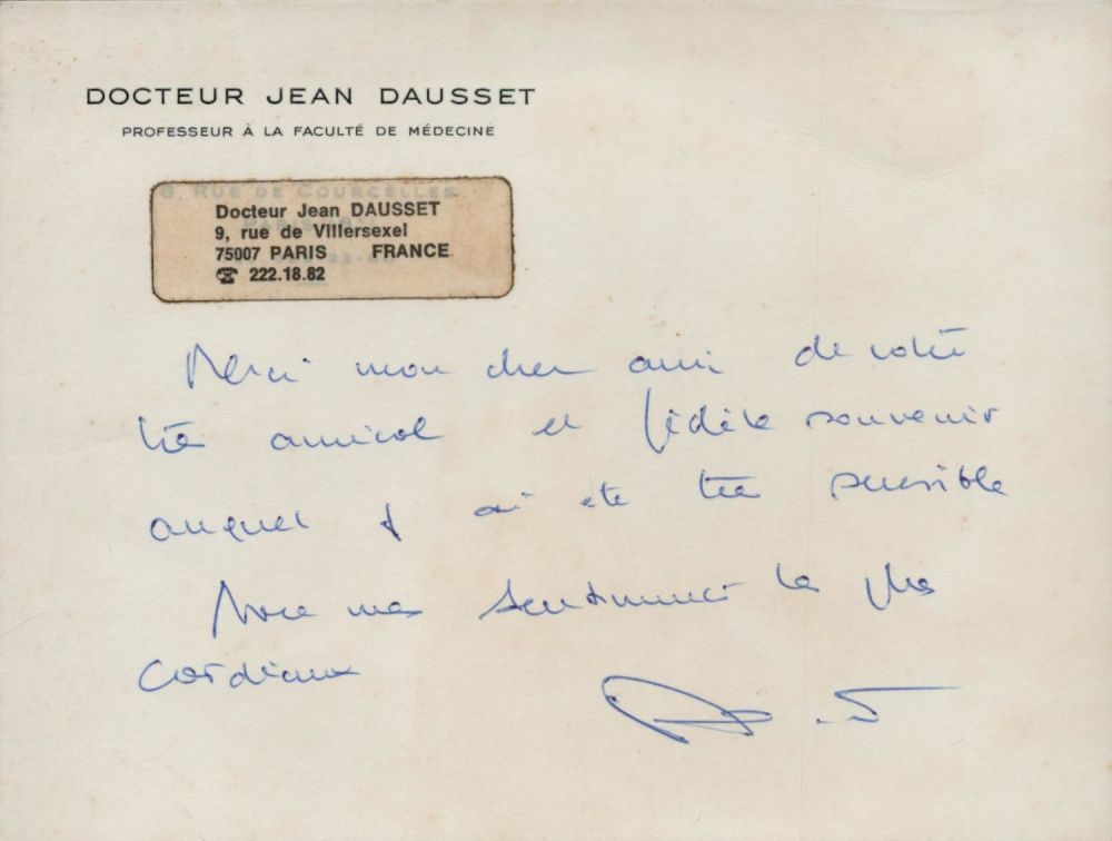 Lot 205: Jean Dausset vintage signed 6x4 inch approx letter...