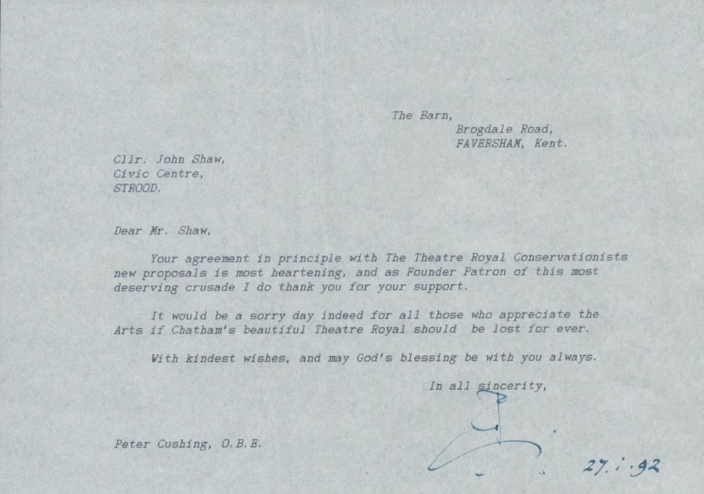 Lot 411: Peter Cushing O.B.E. Signed letter from 1992. Peter...