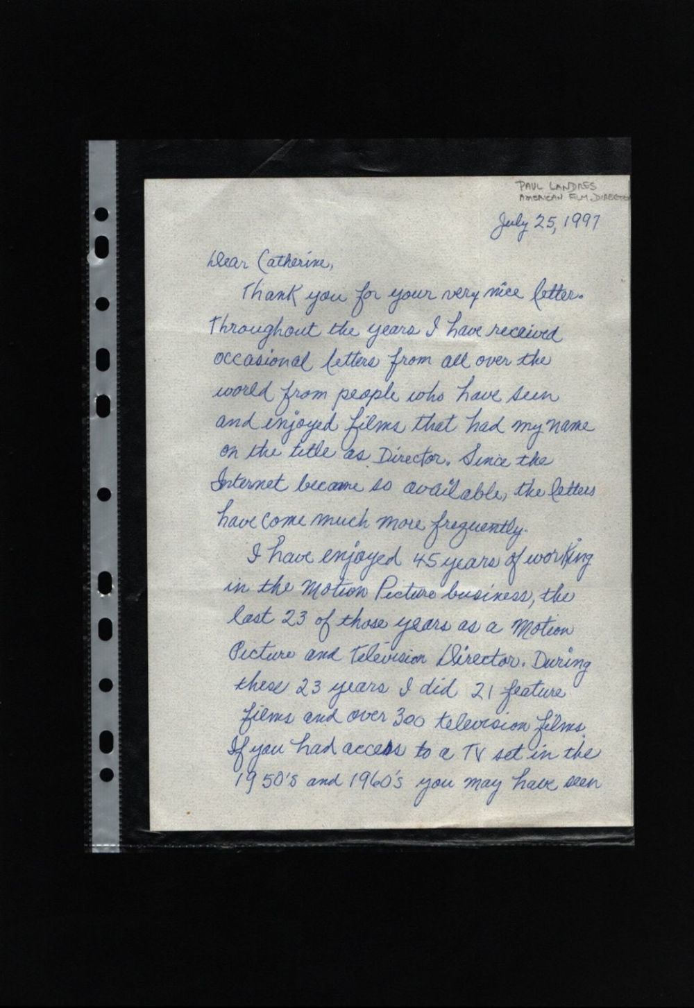 Lot 463: Paul Landres ALS dated 25/7/1997. Good Condition. All...