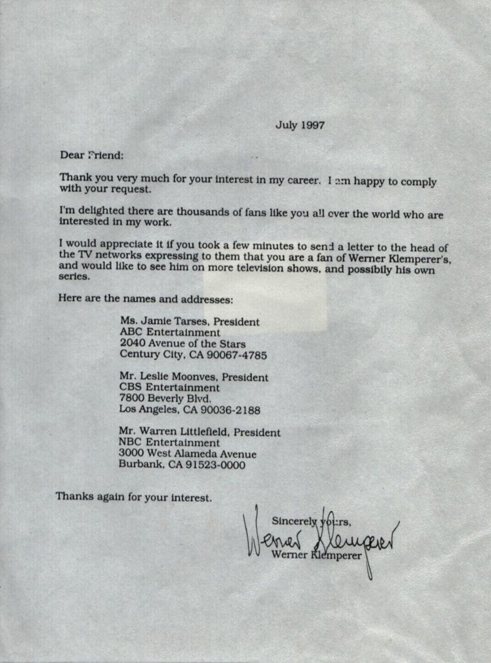 Lot 464: Werner Klemperer TLS dated July 1997. Good Condition....