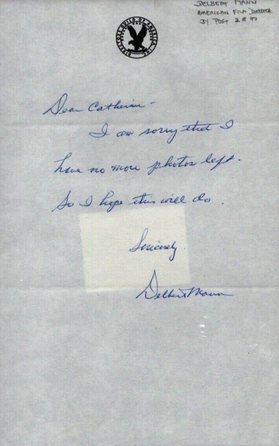 Lot 466: Delbert Mann ALS. Good Condition. All autographs come...