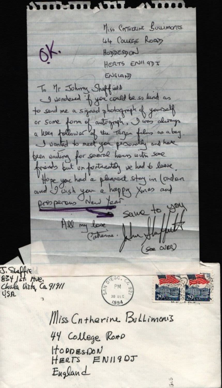 Lot 468: Johnny Sheffield ALS with original mailing envelope. Good...
