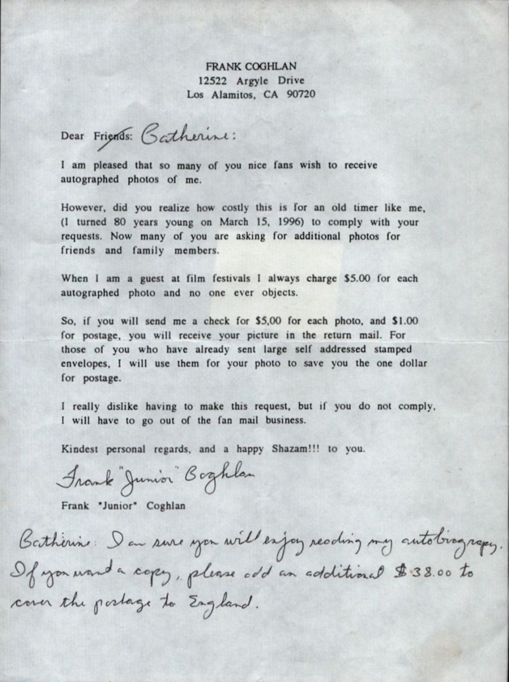 Lot 469: Frank Coghlan TLS. Good Condition. All autographs come...