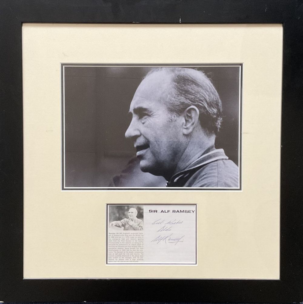 Lot 699: Football Sir Alf Ramsey 20x20 mounted and framed...