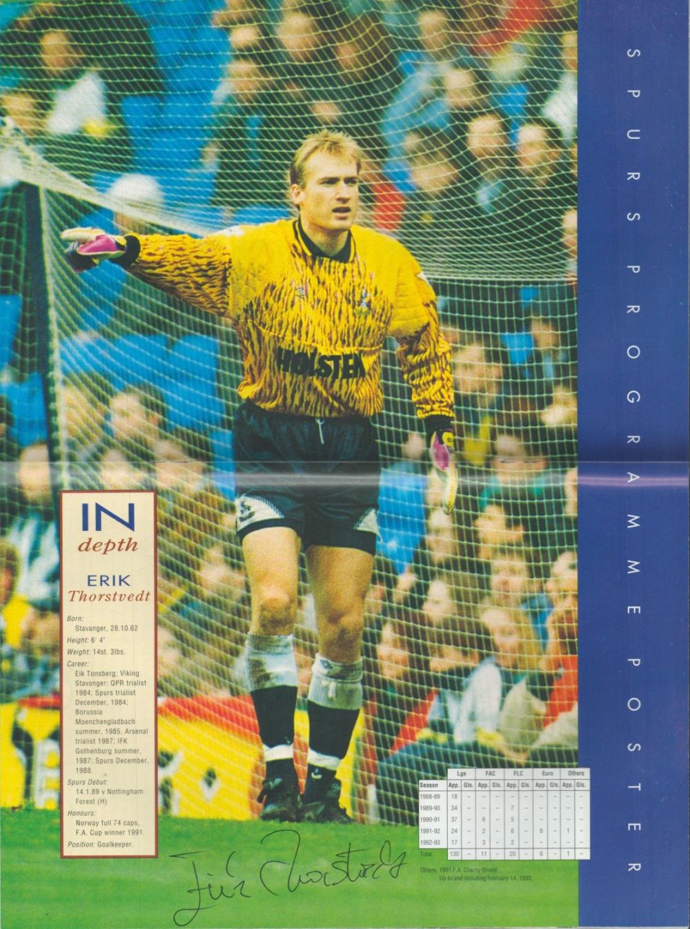 Lot 120: Erik Thorstvedt signed Spurs Programme Poster. 'Programme of...