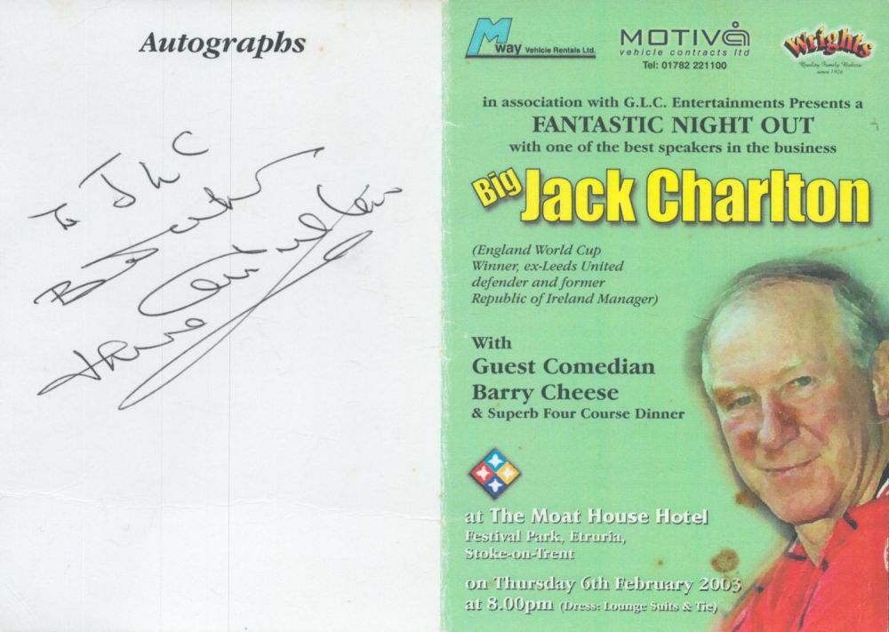 Lot 141: Jack Charlton signed Autographs 'Dinner Menu'. Dedicated. A...