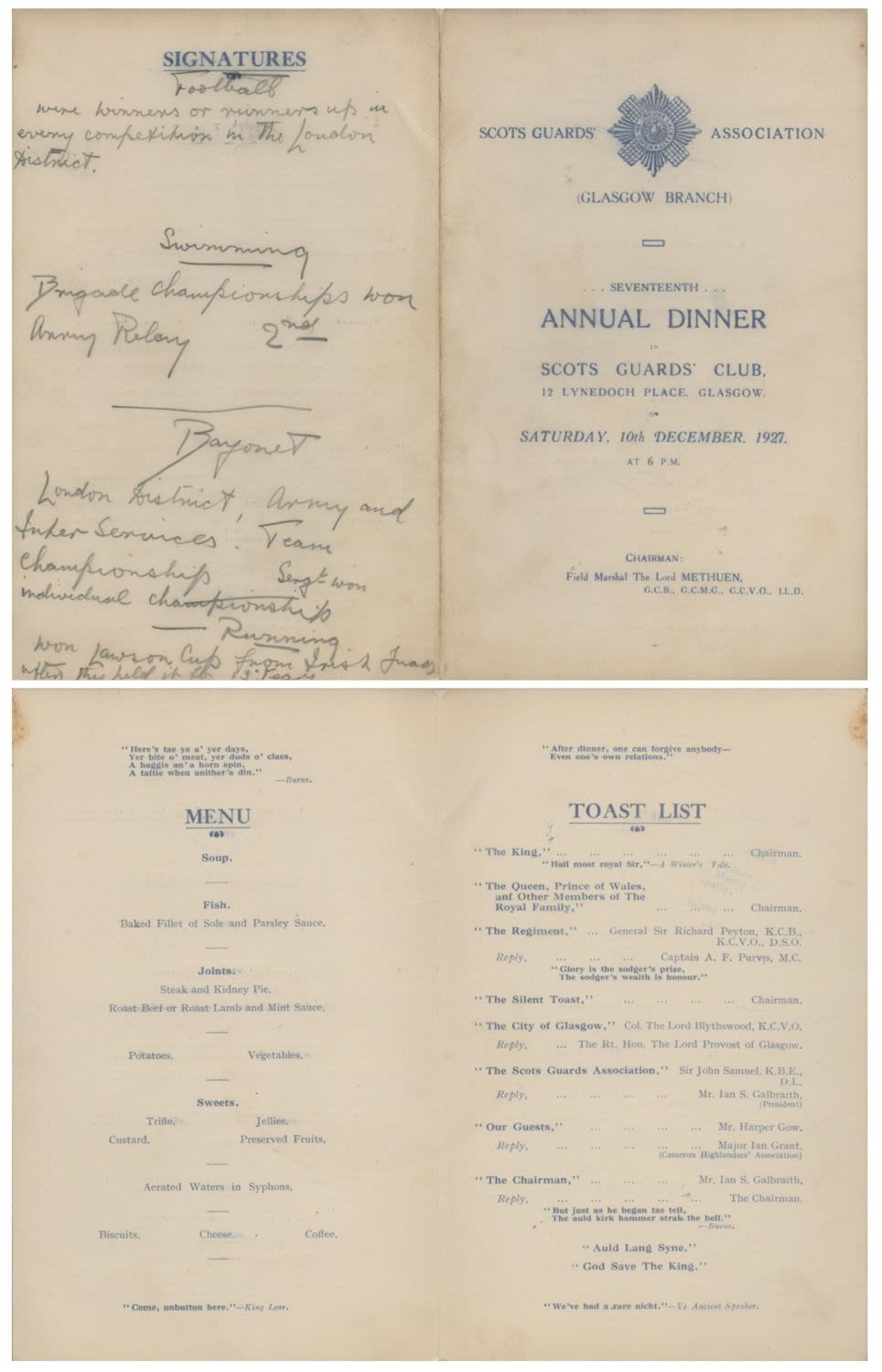 Lot 463: Army 1927 Scots Guards Glasgow 17th Annual Dinner...