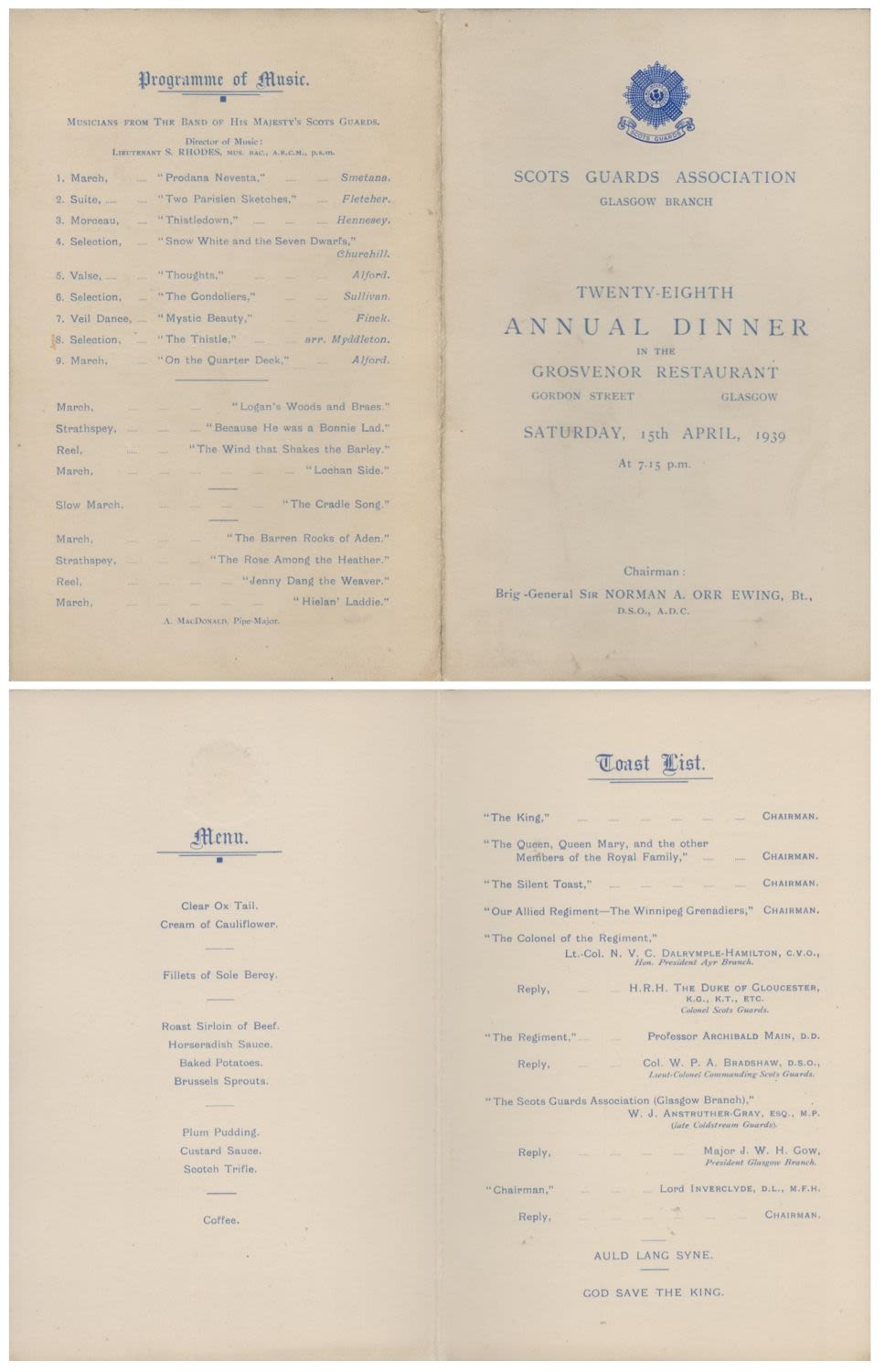 Lot 465: Army 1939 Scots Guards Glasgow 28th Annual Dinner...