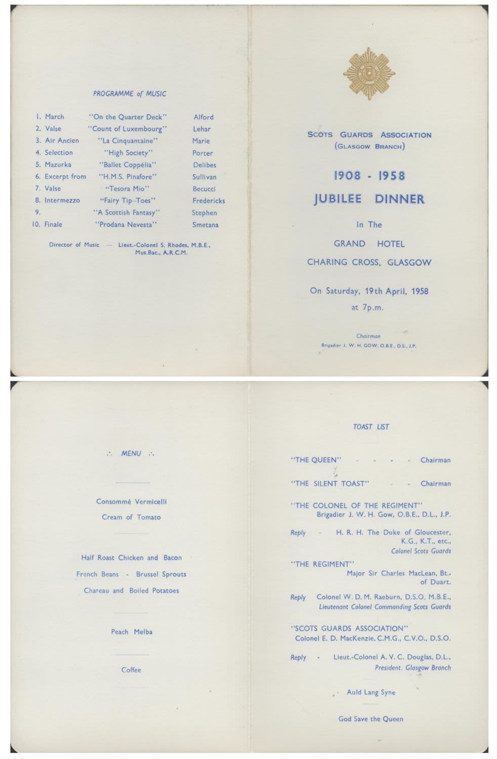 Lot 466: Army 1958 Scots Guards Glasgow Annual Dinner Menu,...