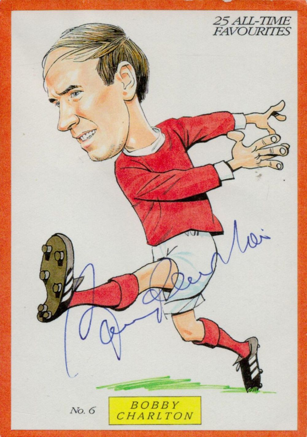 Lot 566: Bobby Charlton signed Colour Caricature Card 5.25x3.75 Inch....