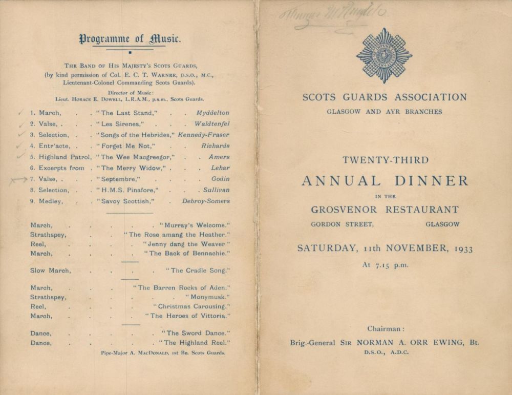 Lot 592: Army Scots Guards 1933 dinner menu for 23rd...