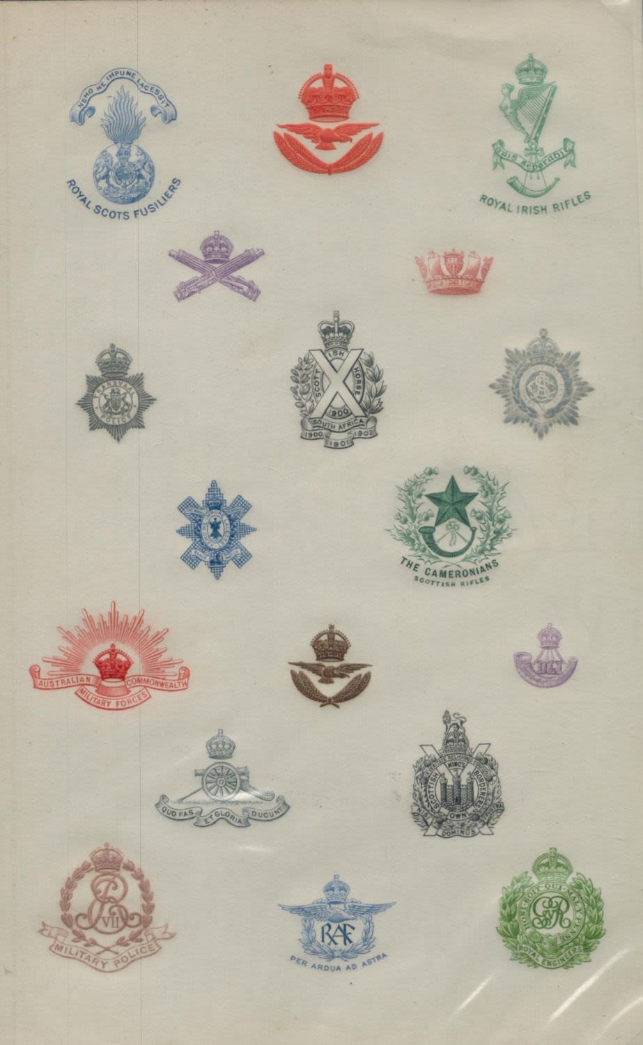 Lot 593: Military regiment emblems on cream page, all in...