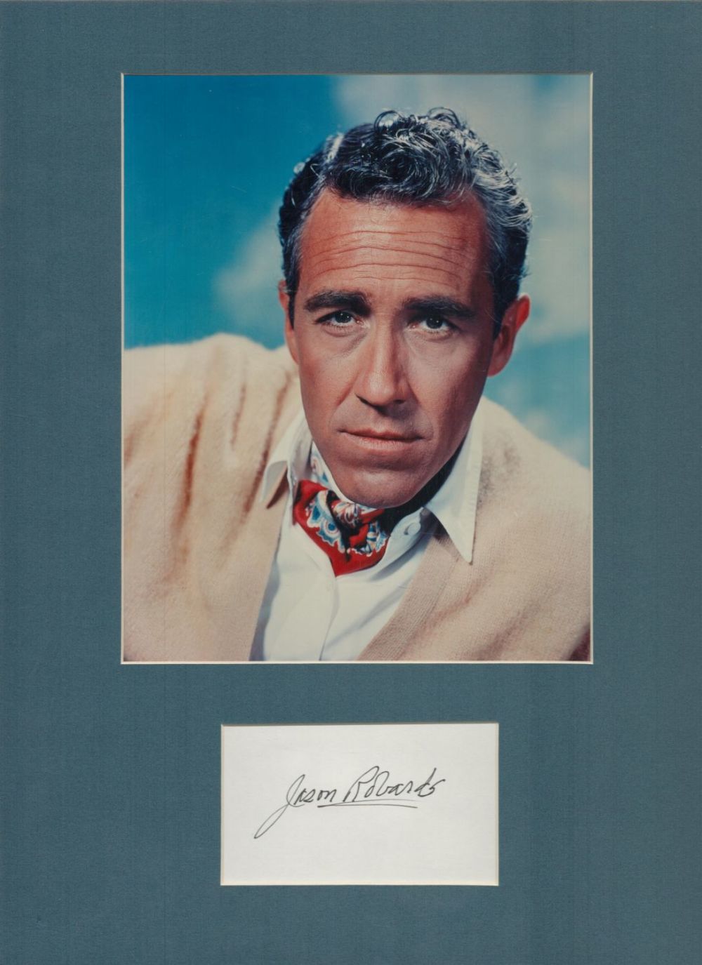Lot 114: Jason Robards signed 16x12inch colour mount. Good Condition....