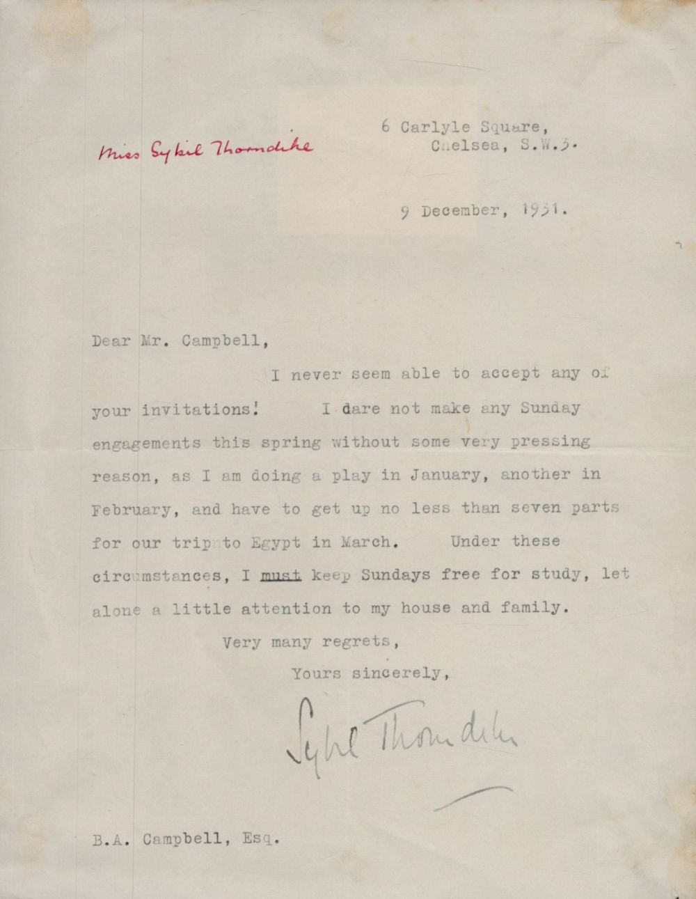 Lot 164: Sybil Thorndike single page 9x8 inch TLS dated...