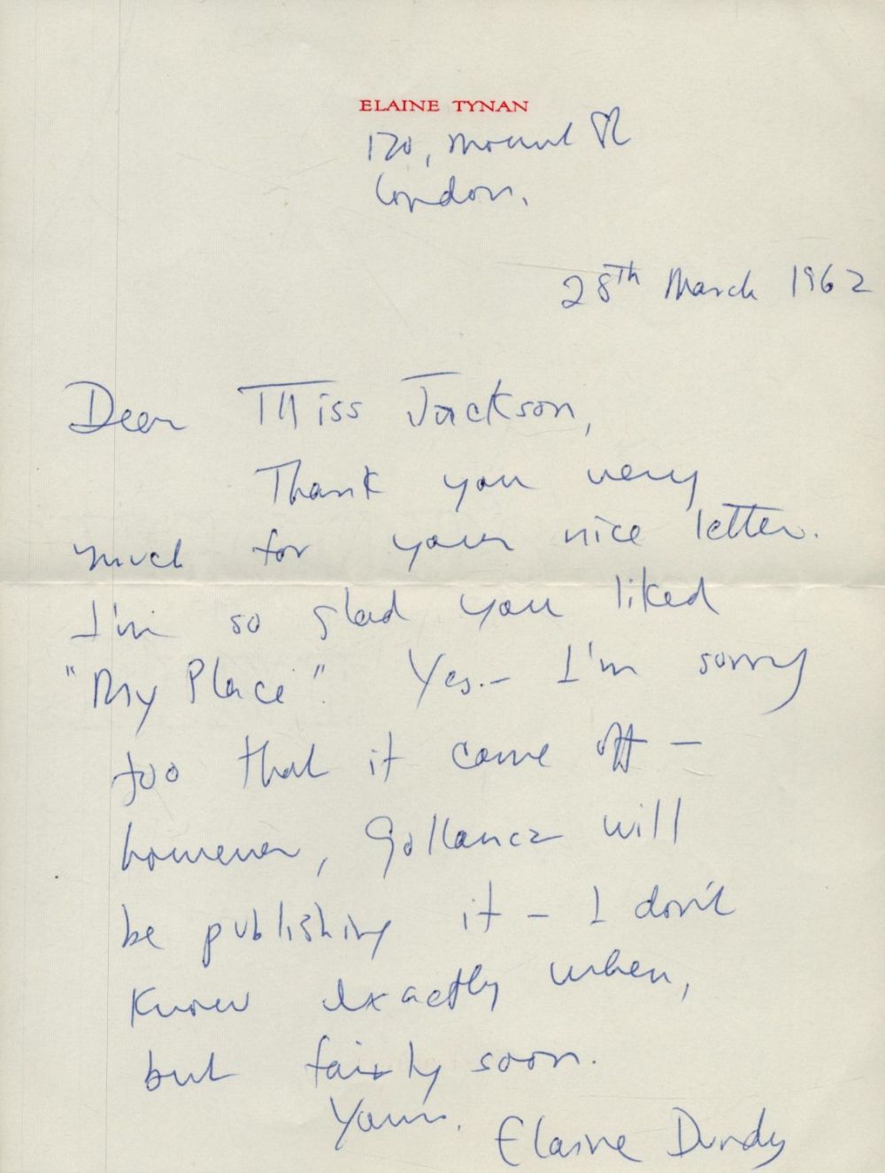Lot 170: Elaine Tynan single page ALS on headed paper...