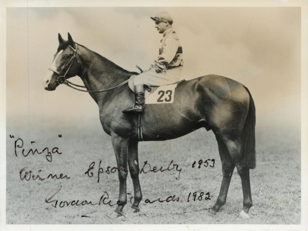 Lot 181: Gordon Richards signed 6x4 inch black and white...