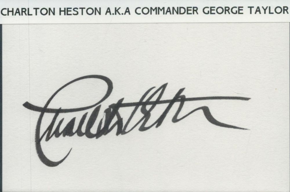 Lot 254: Charlton Heston signed 6x4 inch white card. Good...