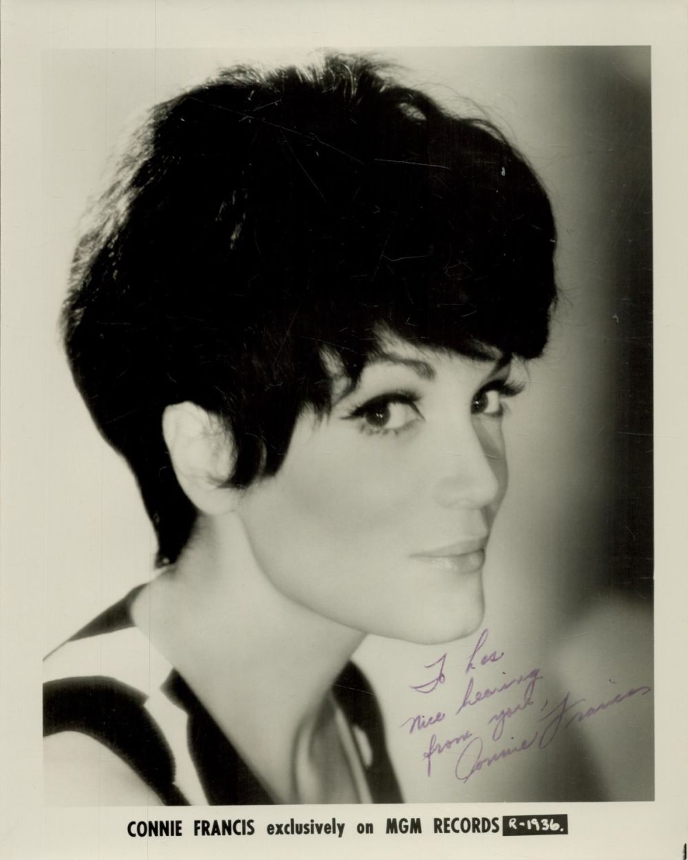 Lot 285: Connie Francis signed 10x8 inch black and white...