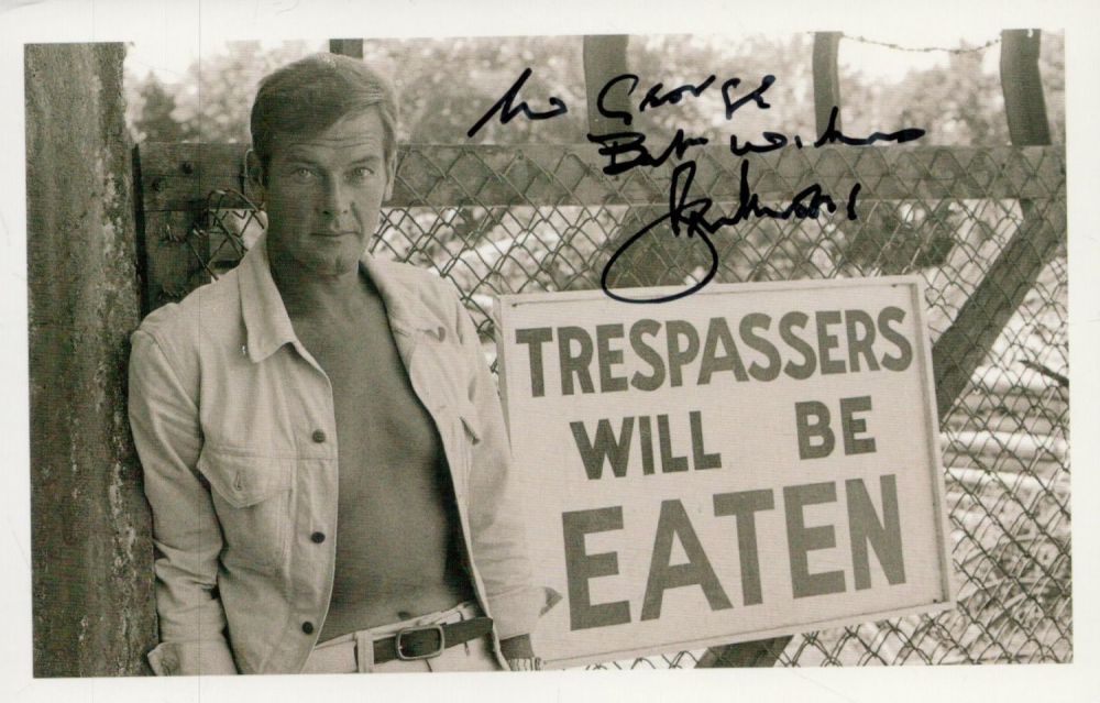 Lot 300: Roger Moore signed 6x4 inch black and white...