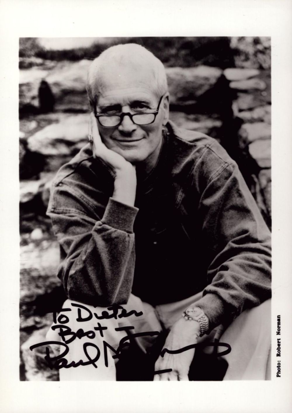 Lot 84: Paul Newman signed 7x5inch black and white photo....