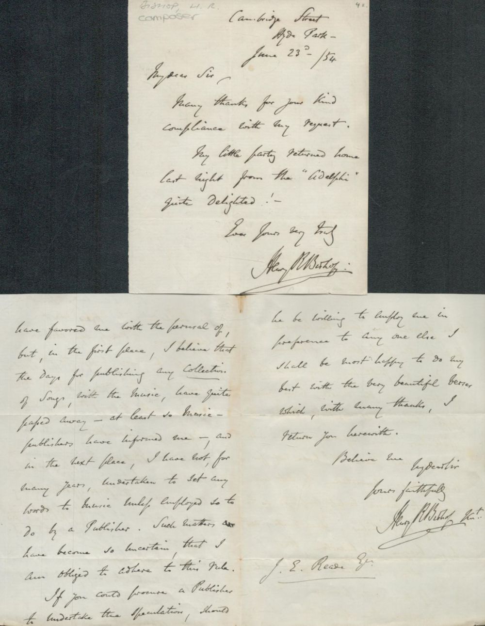 Lot 104: Henry Rowley - Bishop composer ALS collection. 2...