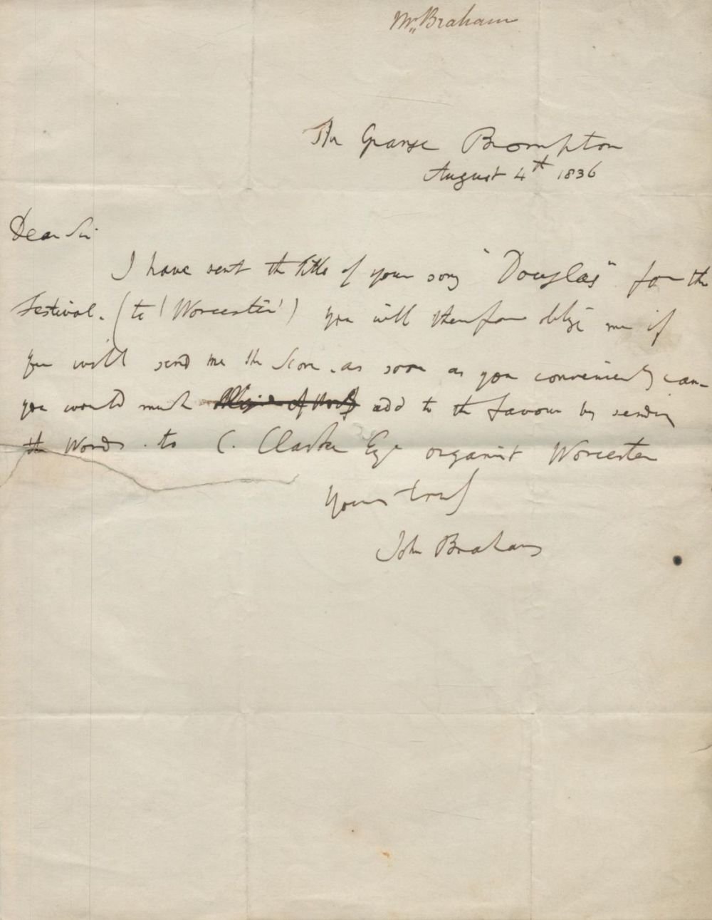 Lot 106: John Braham - opera tenor ALS. 1836. Good...