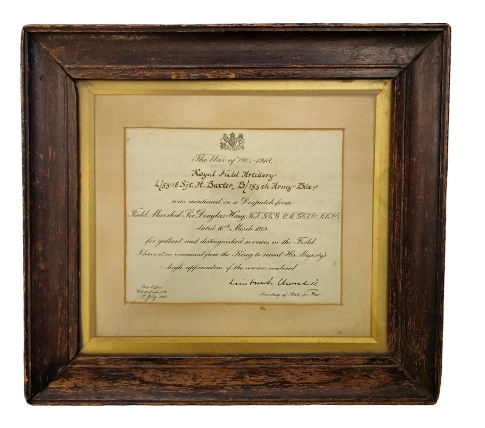 Lot 215: WW1 Mentioned in Despatch for Sjt. A. Baxter...