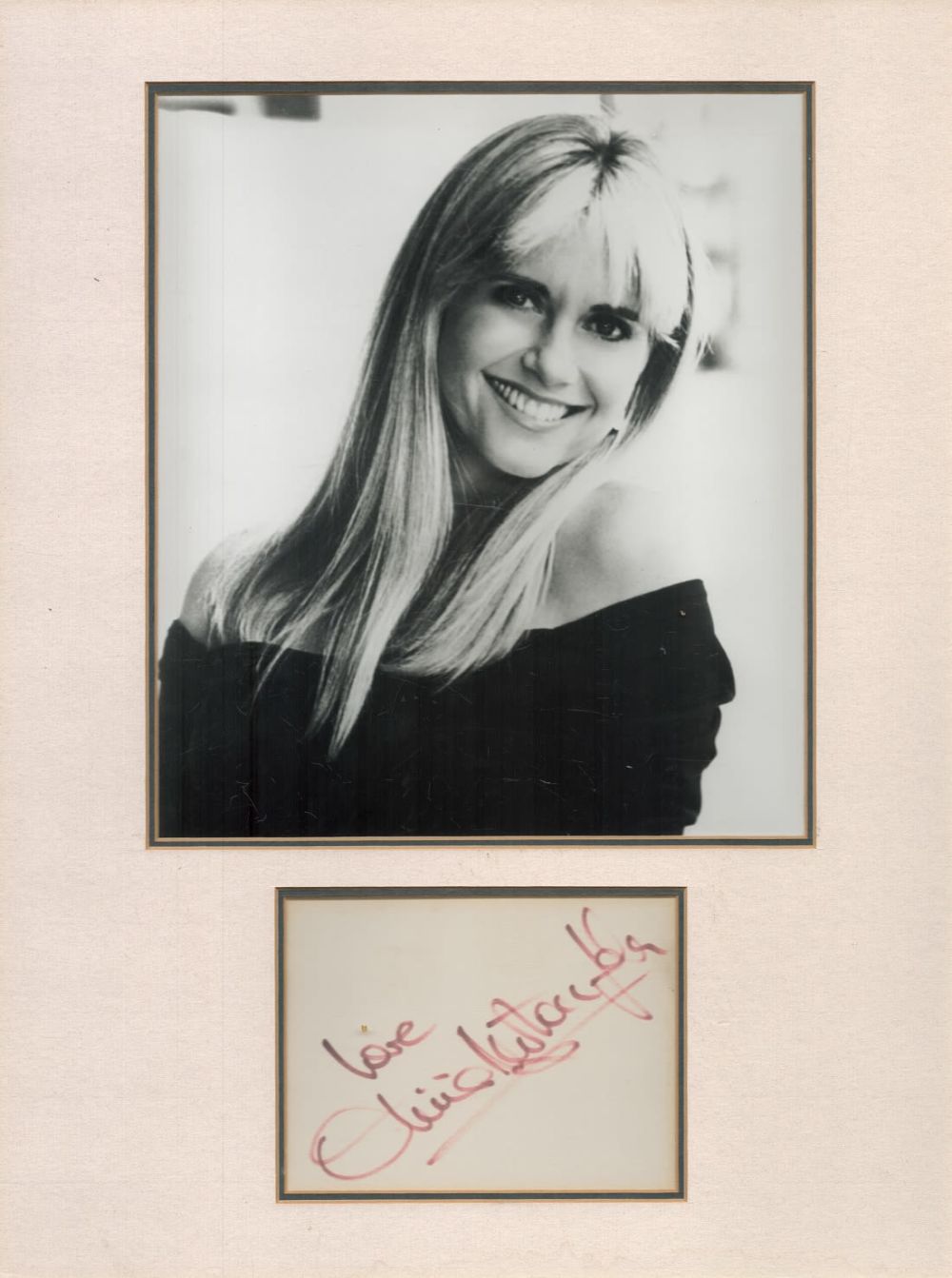 Lot 217: Olivia Newton-John signature piece including signed white card...