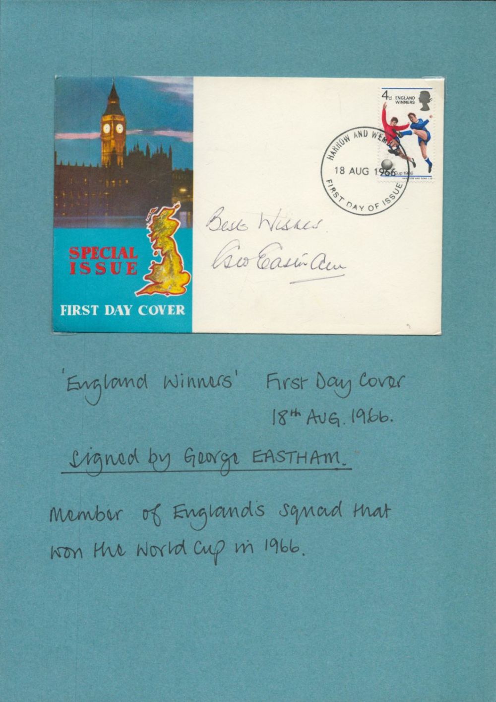 Lot 265: George Eastham signed Special Issue FDC 18th August...
