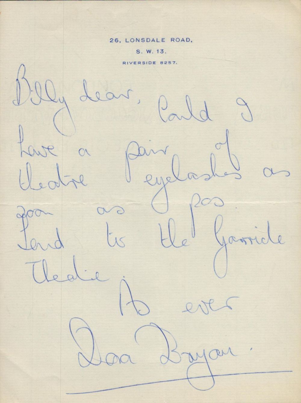 Lot 299: Dora Bryan - vintage undated ALS from her...
