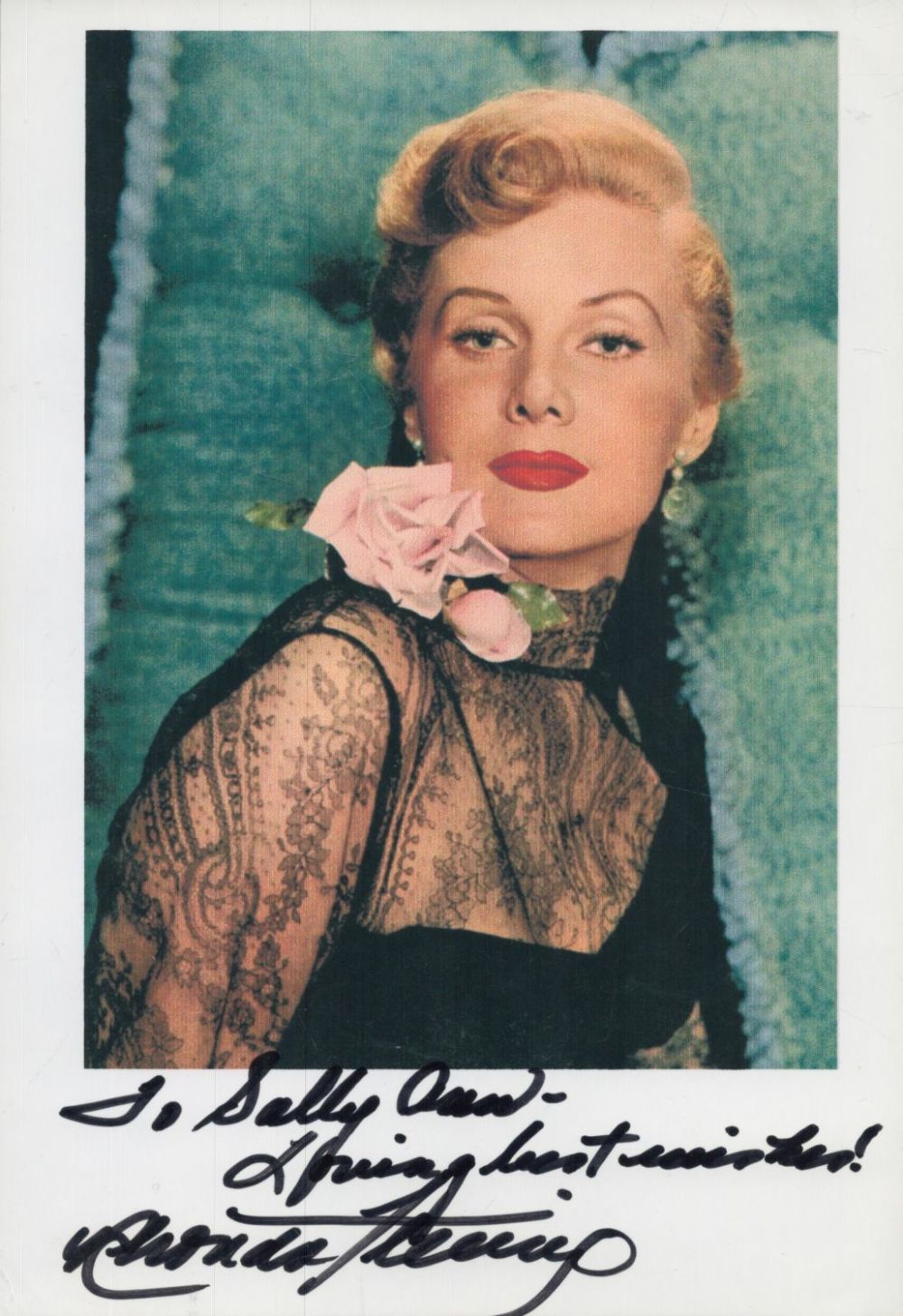 Lot 543: Rhonda Fleming signed 8.5x5.5 inch colour photo. Dedicated....