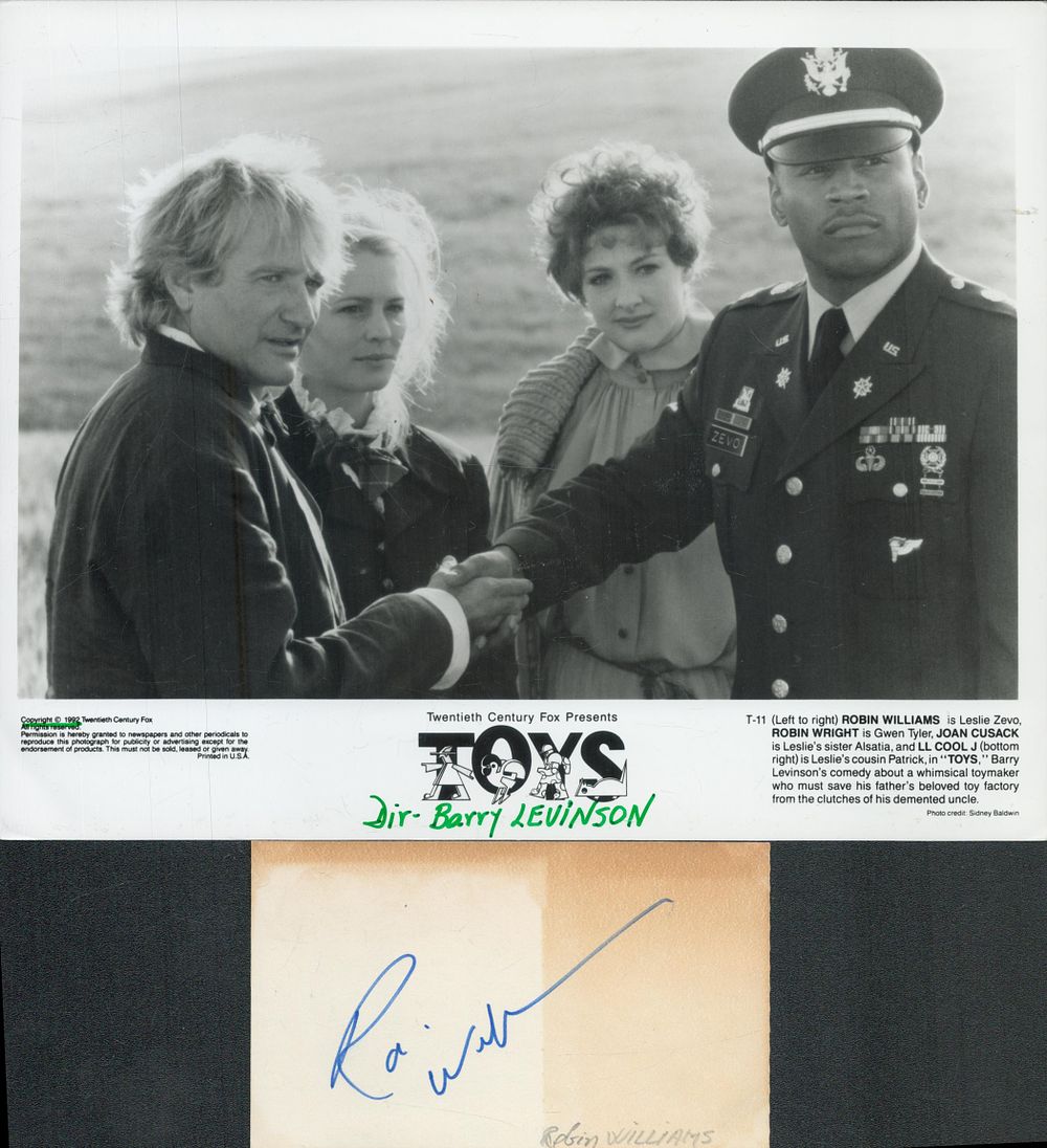 Lot 676: Robin Williams signed 5x3 inch card and Toys...