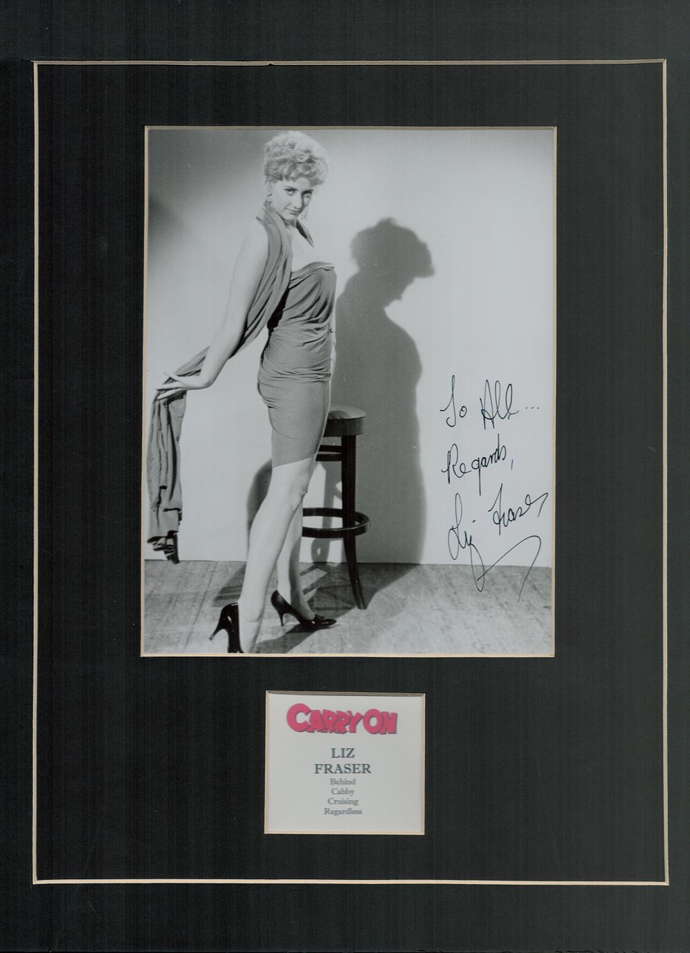 Lot 175: Liz Fraser signed 16x12 inch mounted black and...