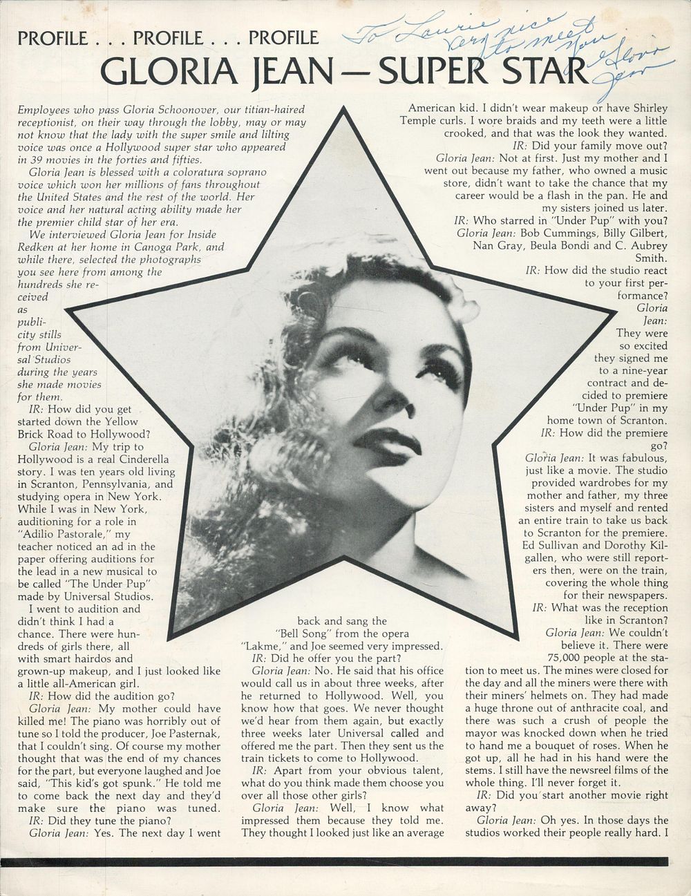 Lot 237: Gloria Jean signed 12x8 inch magazine article page....
